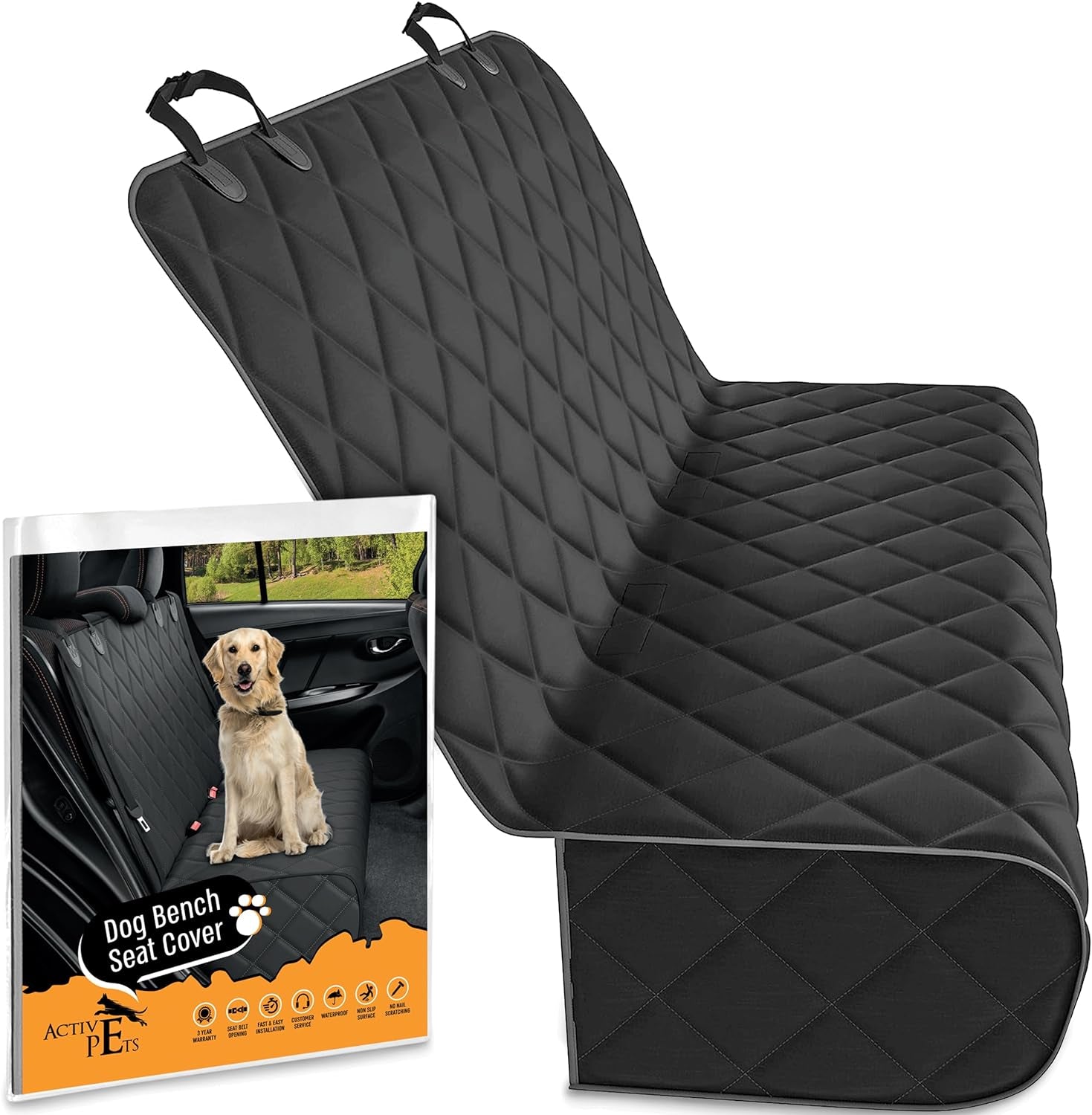 Active Pets Black Car Rear Seat Cover for Dogs, Durable Waterproof & Scratch Resistant Vehicle Backseat Protector, Nonslip Dog Accessory & Pet Protection for Back Seats, Machine Washable