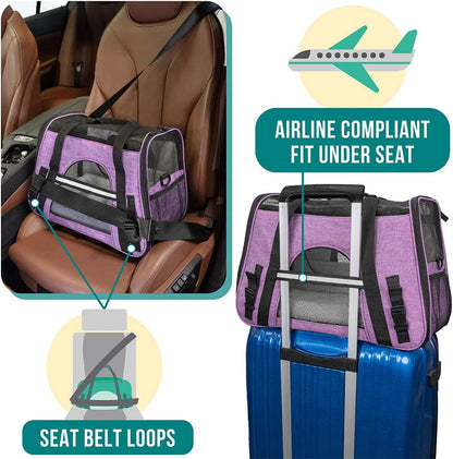 Petami Airline Approved Pet Carrier for Cat, Soft Sided Dog Carrier for Small Dog, Cat Travel Supplies Accessories for Indoor Cat, Ventilated Pet Carrying Bag Medium Kitten Puppy, Large Heather Purple
