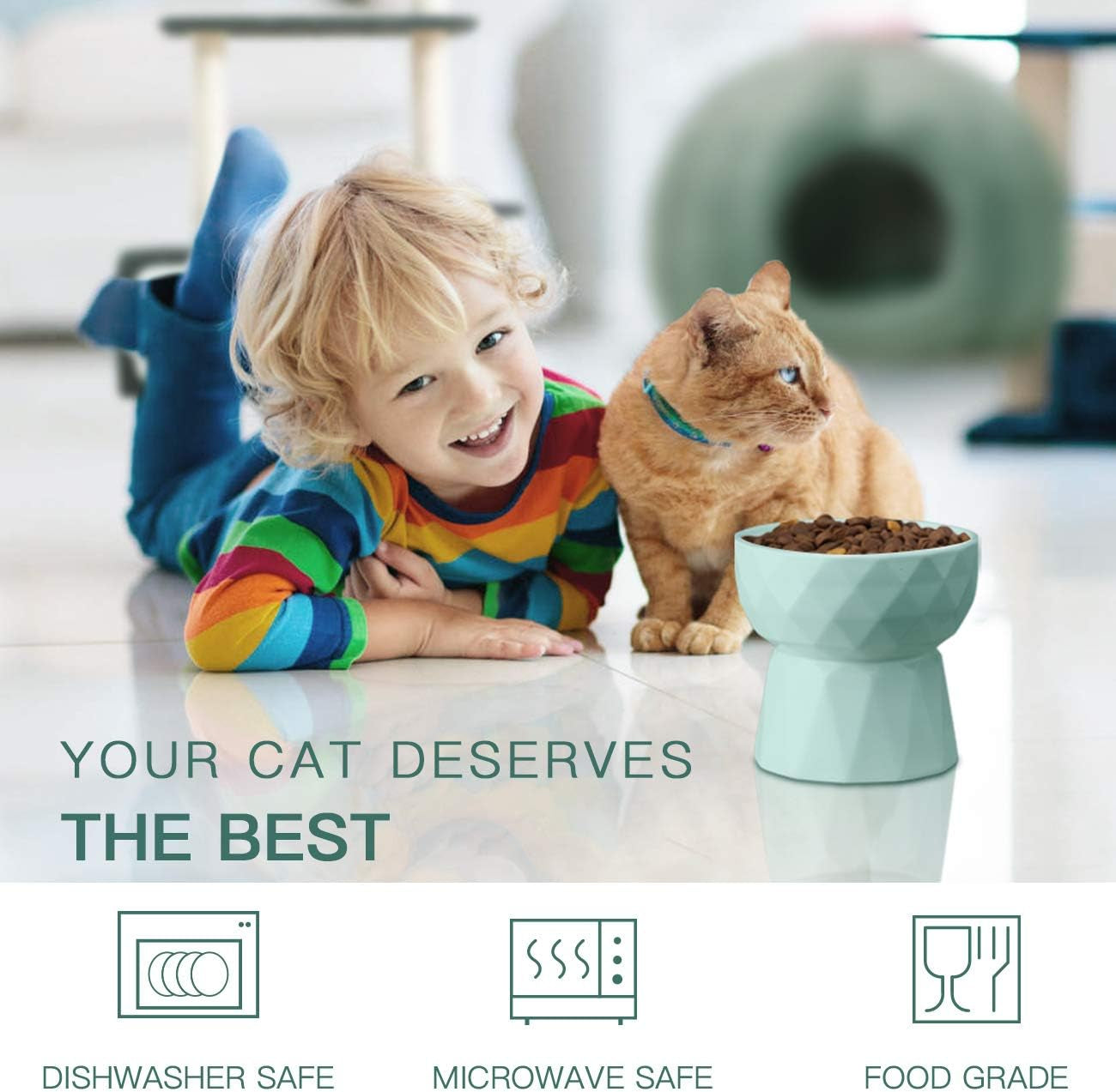 Frewinky Cat Bowls,Ceramic Cat Bowls anti Vomiting,Raised Food and Water Bowl Set for Cats and Small Dogs,13.5 Oz,Green