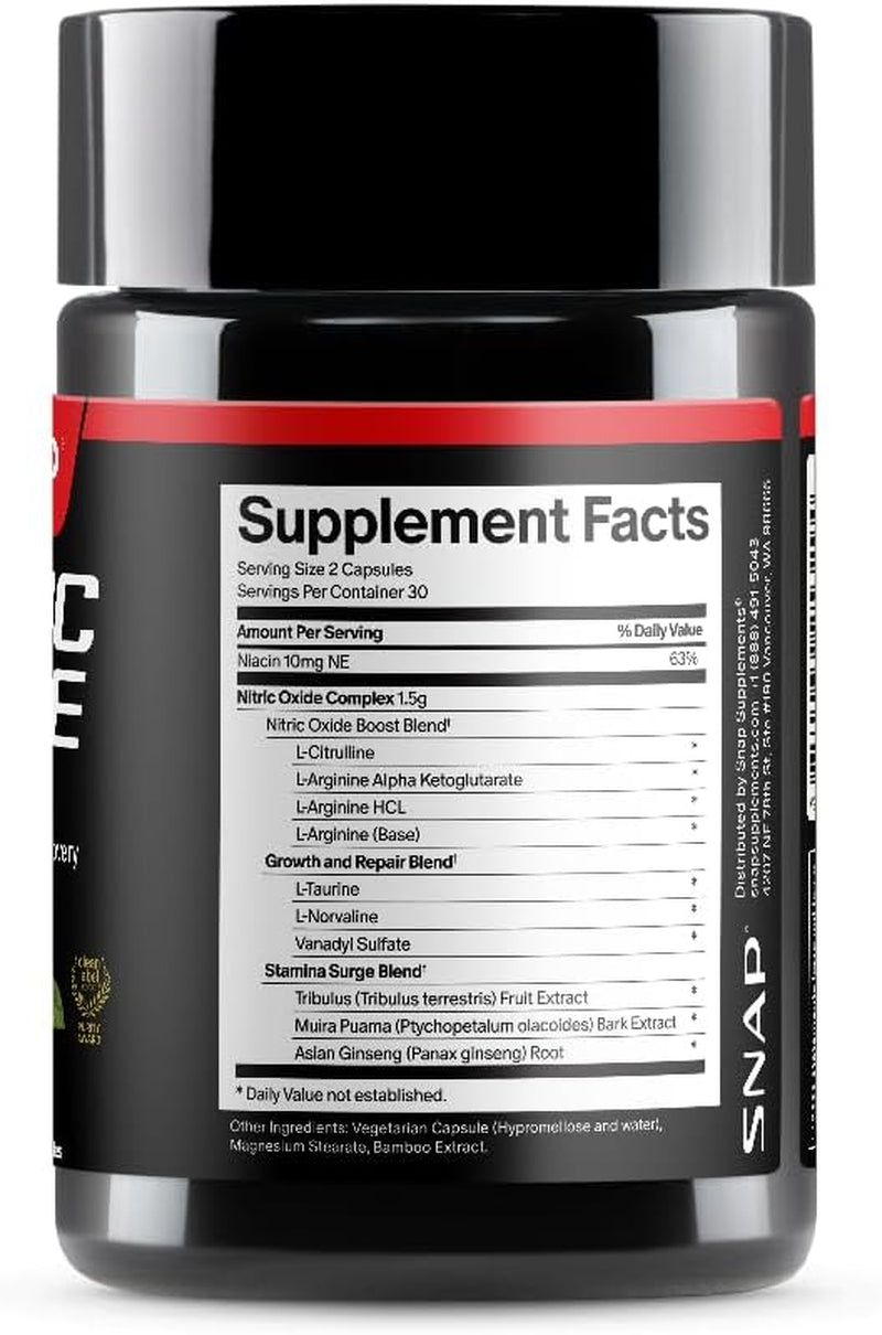 Snap Supplements Nitric Oxide Booster for Men & Women, L-Citrulline + 3 Forms of L-Arginine for Healthy Circulation, Natural Energy & Muscle Support, Caffeine-Free Pre-Workout Alternative, 60 Capsules