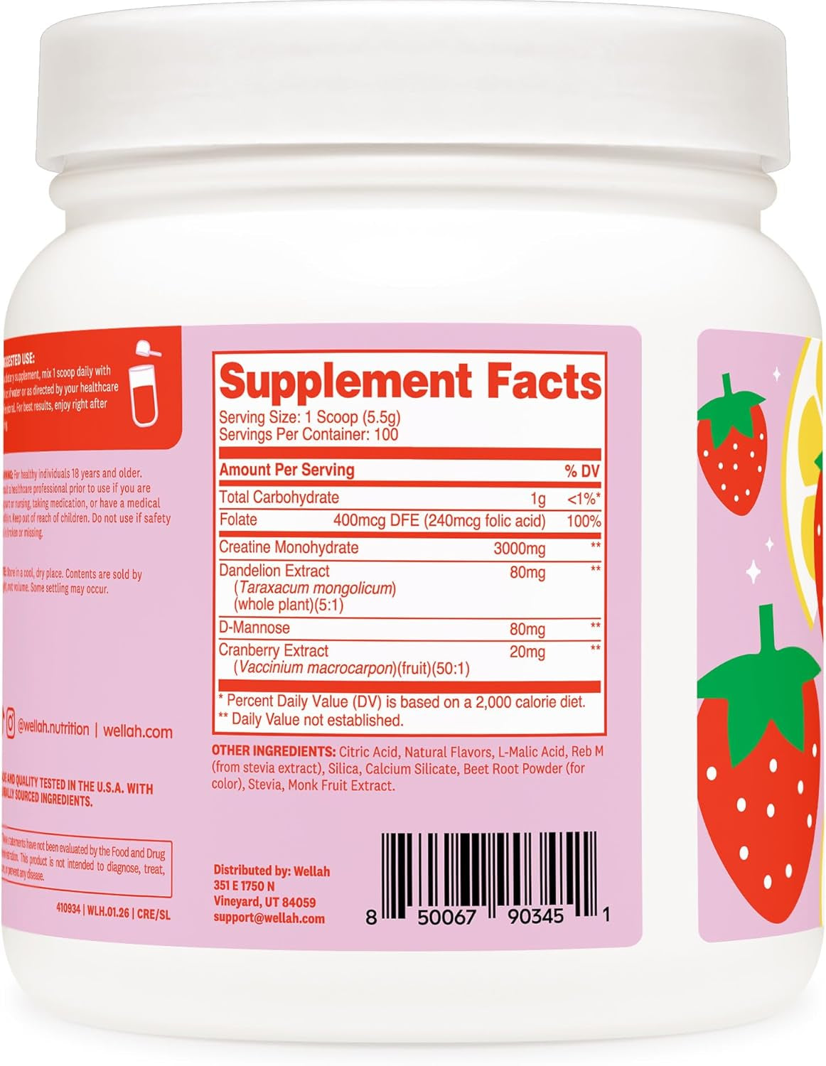Wellah Creatine for Women - Creatine Monohydrate with Dandelion & Cranberry Extract (100 Servings, Strawberry Lemonade)