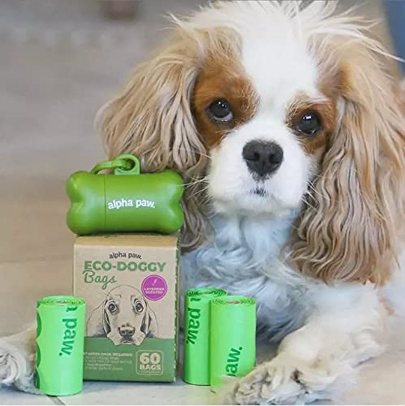 Alpha Paw Eco-Doggy Bags & Portable Dispenser - 60 Odor-Blocking, Biodegradable Poop Bags for Dogs - Scented Dog Poop Bags - Lavender-Scented Poop Bags - Compostable Dog Waste Bags - Puppy Accessories