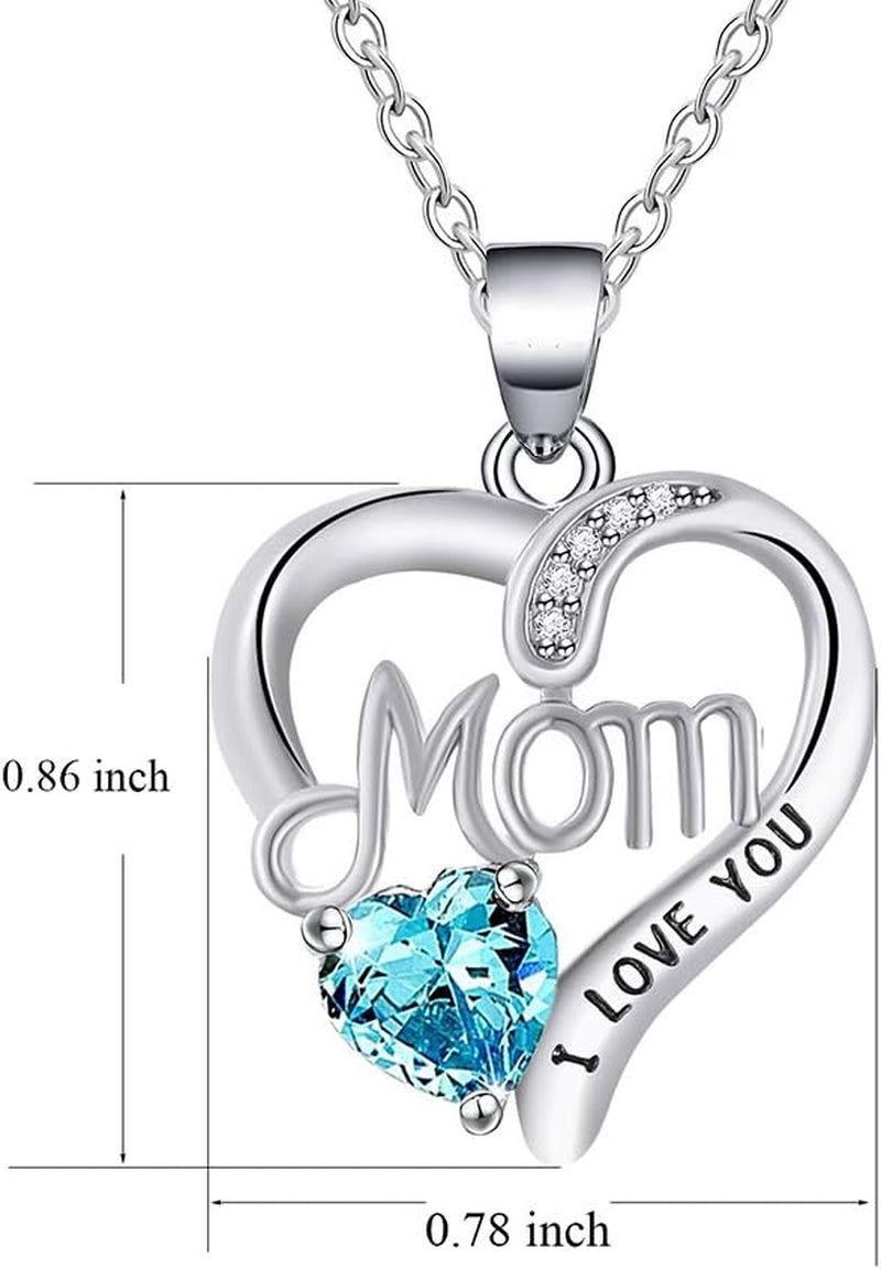 UEUC I LOVE YOU Mom Birth Stones Necklace, Silver Love Heart Pendant Necklace for Mom, Necklace Gift for Mother with 18''+2'' Chain