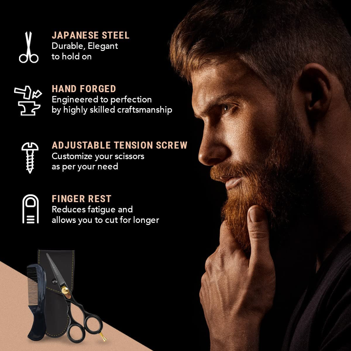 Ontaki Beard & Mustache Scissors for Men - 5.5" Japanese Steel, Black - Precision Sharp Blades, Ergonomic Finger Rest & Adjustable Tension Screw for Perfect Trimming - Beard Scissors for Men