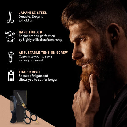 Ontaki Beard & Mustache Scissors for Men - 5.5" Japanese Steel, Black - Precision Sharp Blades, Ergonomic Finger Rest & Adjustable Tension Screw for Perfect Trimming - Beard Scissors for Men