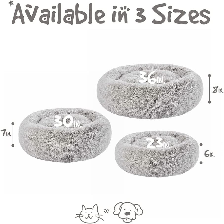 Friends Forever Donut Dog Bed Faux Fur Fluffy Calming Sofa for Small Dogs, Soft & Plush anti Anxiety Pet Couch for Dogs, Machine Washable Coco Pet Bed with Non-Slip Bottom, 23"X23"X6" Grey