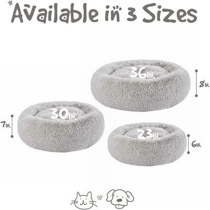 Friends Forever Donut Dog Bed Faux Fur Fluffy Calming Sofa for Small Dogs, Soft & Plush anti Anxiety Pet Couch for Dogs, Machine Washable Coco Pet Bed with Non-Slip Bottom, 23"X23"X6" Grey