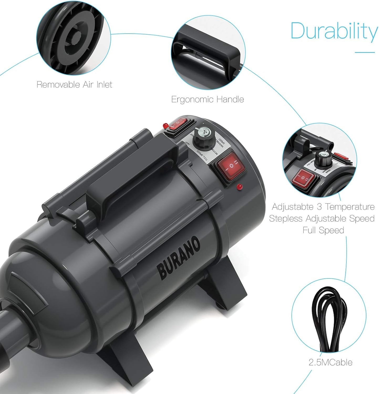 Burano Dog Dryer, High Velocity Pet Hair Dryer, 4.3HP Stepless Adjustable Speed Dog Hair Force Dryer, Powerful Pet Blower with Heater