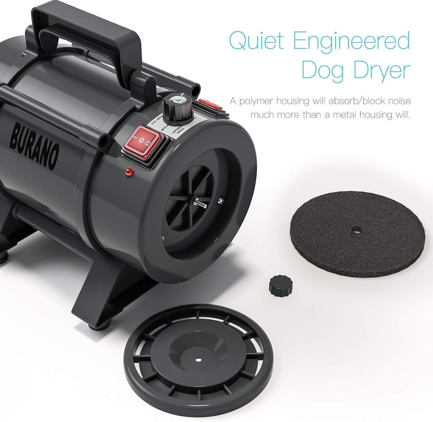 Burano Dog Dryer, High Velocity Pet Hair Dryer, 4.3HP Stepless Adjustable Speed Dog Hair Force Dryer, Powerful Pet Blower with Heater