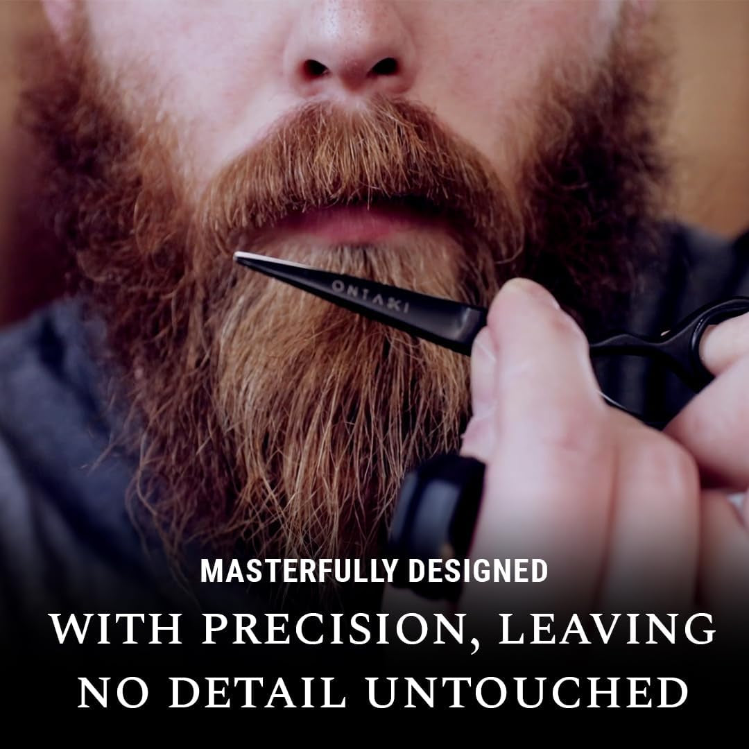 Ontaki Beard & Mustache Scissors for Men - 5.5" Japanese Steel, Black - Precision Sharp Blades, Ergonomic Finger Rest & Adjustable Tension Screw for Perfect Trimming - Beard Scissors for Men